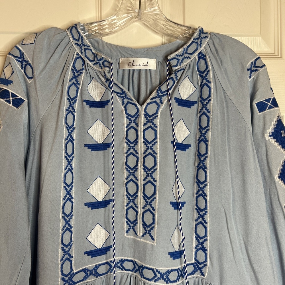 Chicwish Blue Boho Chic Embroidered Blouse  Fringe Tassle Sz Medium - Picture 5 of 7